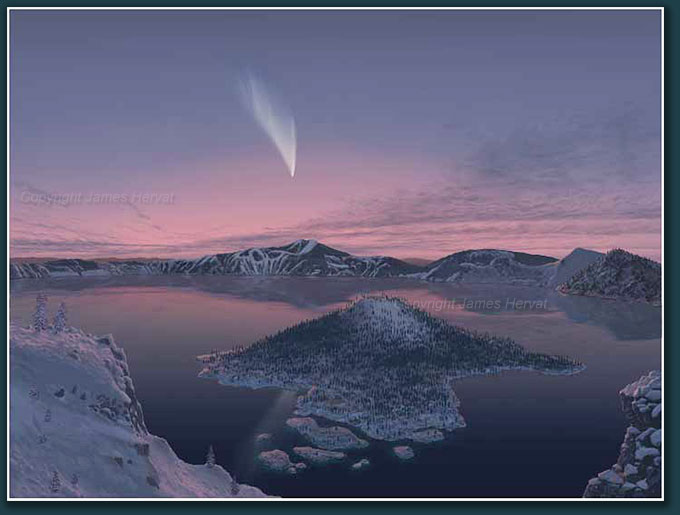 Comet West in the morning sky over Crater Lake